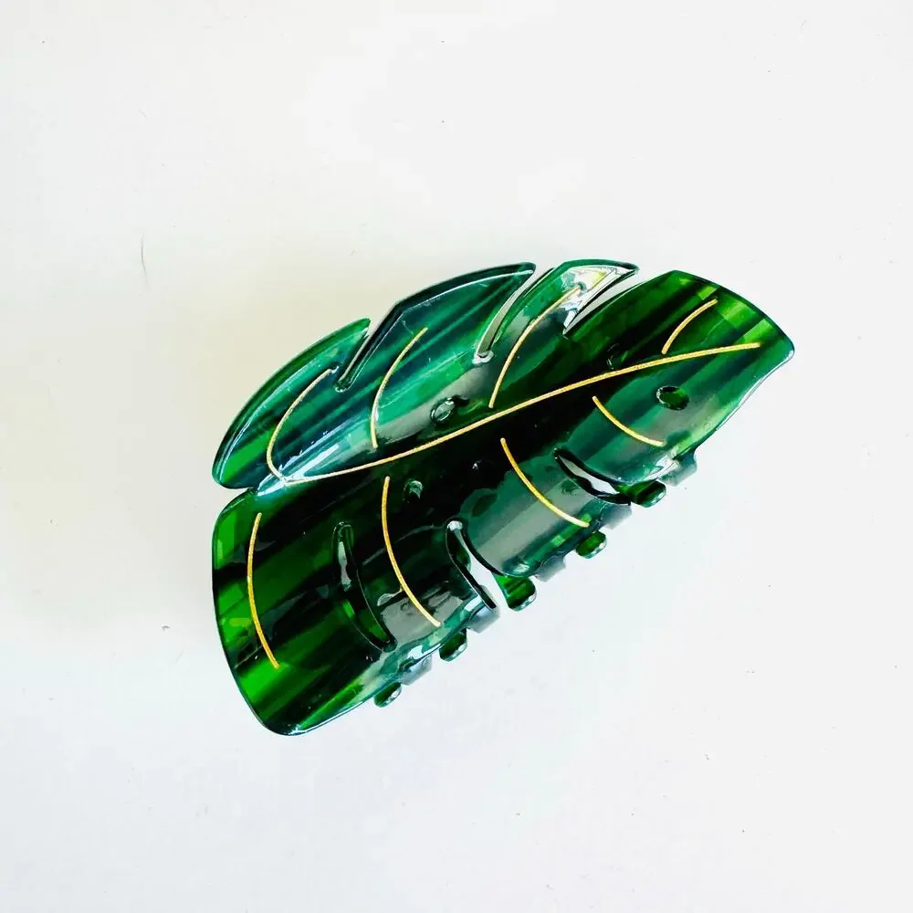 NEW ANTHROPOLOGIE Dark Green Gold Palm Monstera Leaf Plastic Hair Claw Clip